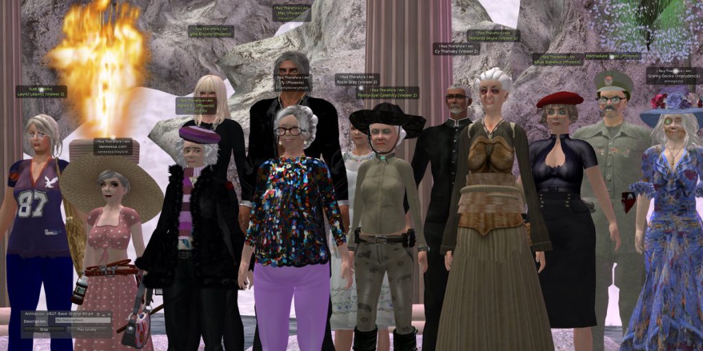 VBCO Cast Members stand on the central mosaic at VBCO Villa at Biscuit Bay, An Li. Each cast member has imagined their future as an avatar senior citizen.