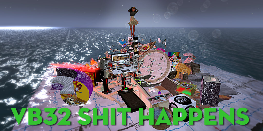 Poster for "VB32 Shit Happens" showing a wide image of the assembled virtual junk at Misprint Thursday's "Mausoleum" installation at Linden Endowment for the Arts simulator 14, aka LEA14