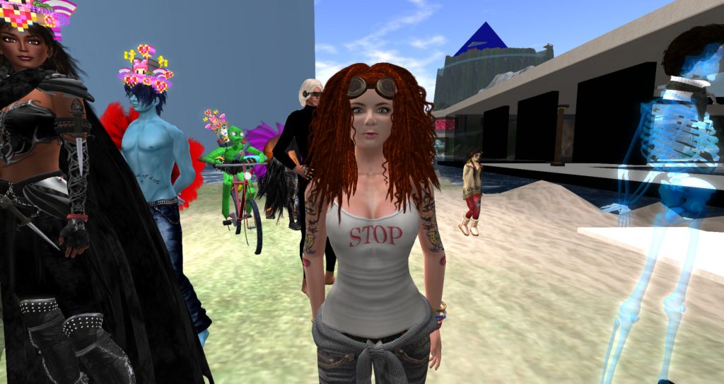 Agnes Sharple stands on the campus of virtual Long Island University as the crowd for VB42 Avatar Pride Parade gathers